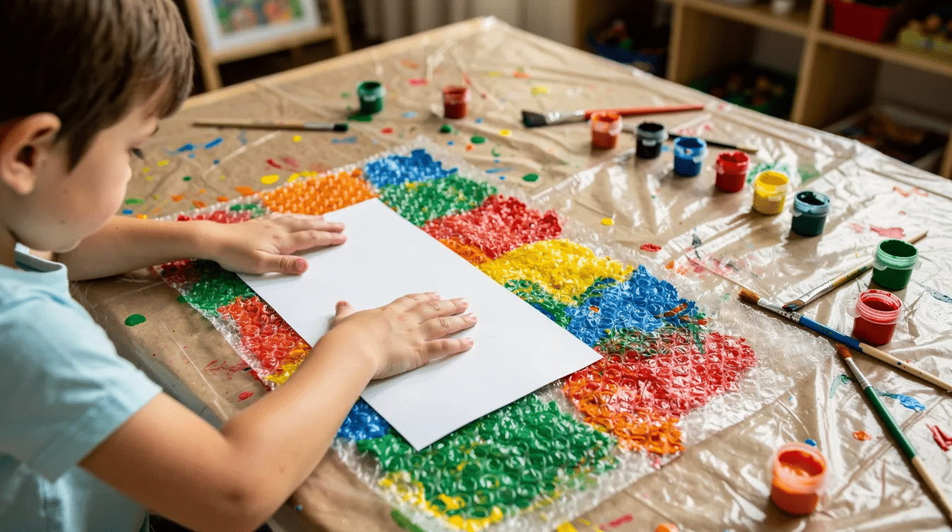 05983443-dc3f-40d4-a82d-79f5d7b610ae A child is pressing a sheet of paper onto painted bubble wrap on a covered craft table, engaging in an art activity that explores bubble wrap printing. The colorful prints created by the bubble wrap patterns showcase a fun and creative way for kids to experiment with paint and textures.