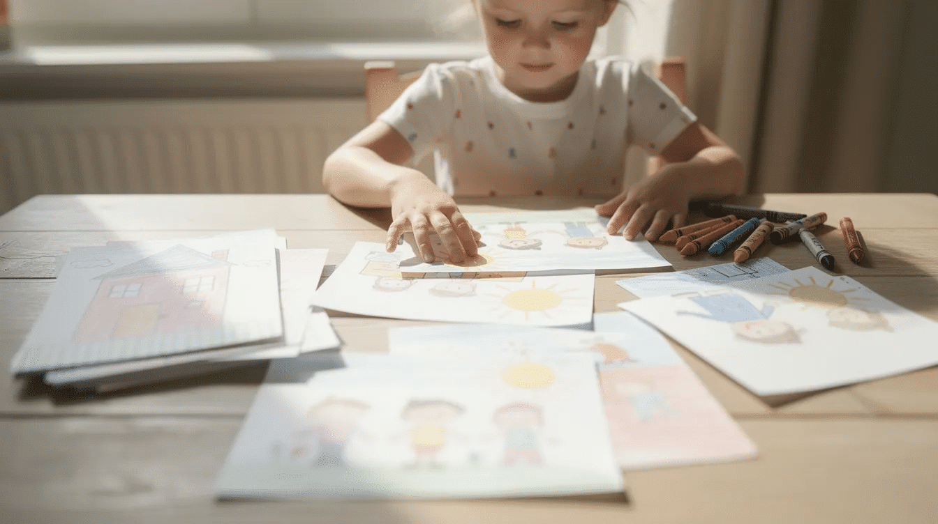 05c2aeb0-2612-4437-b836-ae7f8148b33a A child is joyfully arranging colorful drawings on a wooden table, using washi tape to secure their favorite pieces in a creative display. This fun project showcases their artwork and serves as a great idea for an art portfolio, capturing memories from the school year.