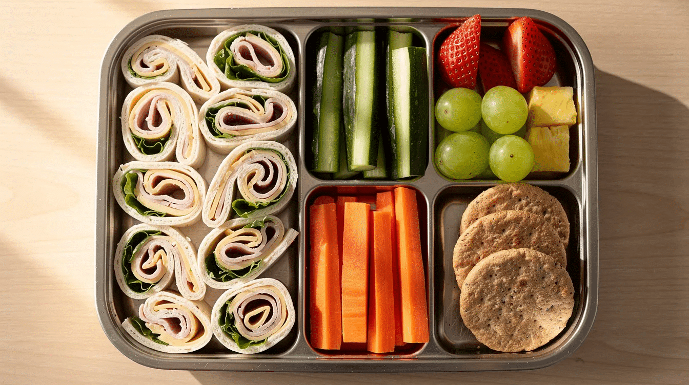 062d664a-2364-444a-857f-1b6889911ed2 A colorful bento-style lunch box filled with fun pinwheel sandwiches made with cream cheese and sliced veggies, alongside crunchy carrot sticks, cucumber slices, fresh fruit, and crackers, perfect for kids' lunches. This kid-friendly lunch is ideal for picky eaters and offers a variety of flavors and textures.