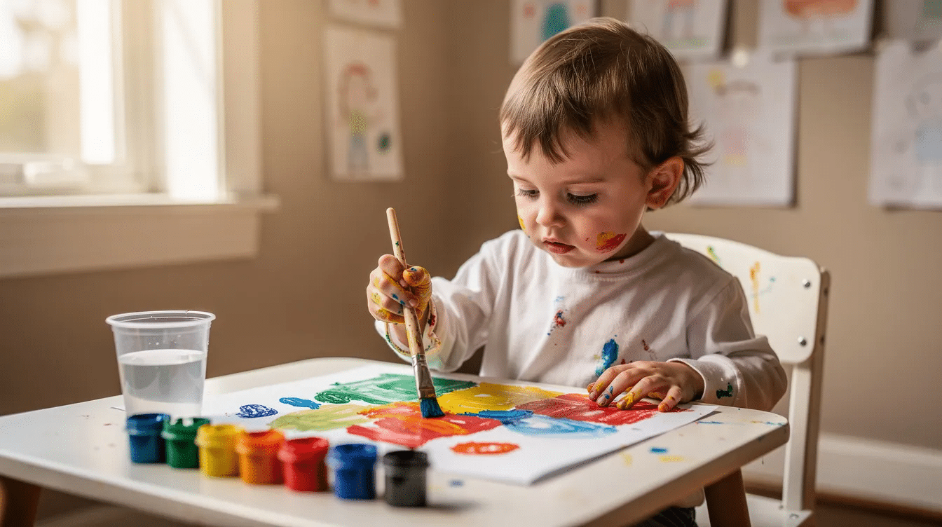 06c27647-d540-48f7-b860-b041df55e0ce A child is happily painting at a table, surrounded by various art supplies like crayons and markers, showcasing their creativity on a rainy day. This fun indoor activity is a great way to keep kids entertained and engaged while using their little imagination.