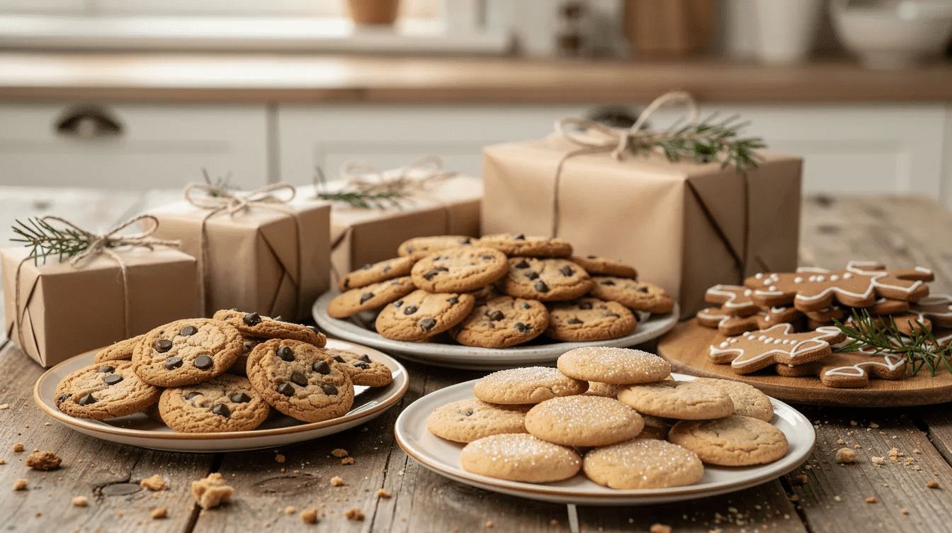 09aade00-549e-47b1-b2ca-ecdfab4bb708 The image features a cozy kitchen table adorned with a plate of homemade cookies alongside several simple wrapped presents, creating a warm atmosphere perfect for holiday celebrations. This setup reflects thoughtful holiday gift giving on a budget, emphasizing the joy of sharing treats and gifts with friends and family during the upcoming holiday season.