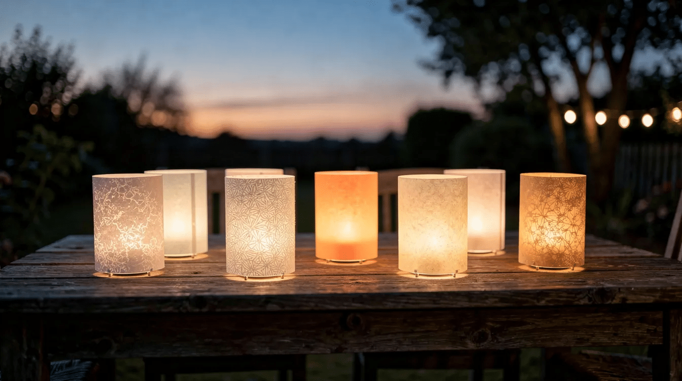 09ca77b0-31a9-41ec-9ea3-1b33c5c81d8b The image features a collection of finished tin can lanterns glowing softly on an outdoor table at dusk, each crafted with small holes that create charming patterns of light. These lanterns, made from recycled materials, hold little tea lights inside, adding a warm ambiance to the evening atmosphere.