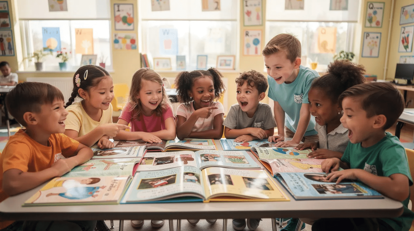 0beb373d-6783-4039-b6ed-7673a4887c25 A group of children is gathered around a table, excitedly flipping through colorful classroom keepsake books, reflecting on their favorite memories from the school year. They engage in writing messages and drawing pictures, creating a sweet keepsake to celebrate their fun times and special memories before the end of the year.