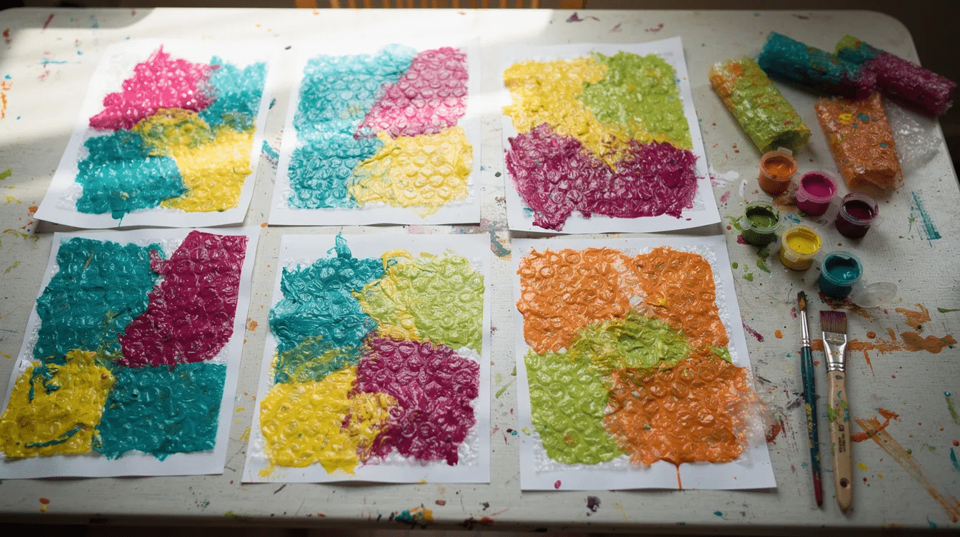 0c76daed-817a-4ccb-aea2-81df0a42bee0 The image shows colorful bubble wrap prints drying flat on kraft paper after an engaging kids art session. Various paint patterns in vibrant colors, created with paint brushes and squeeze bottles, are visible, showcasing a fun and creative art activity.