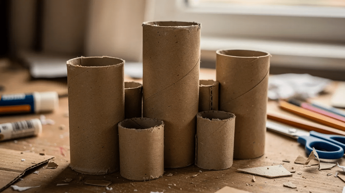 0c986cff-ced1-4cfd-96a2-ed242b485e76 The image shows a collection of simple recycled cardboard tubes, including toilet paper rolls and paper towel rolls cut into various heights, arranged as castle towers on a craft table. The setup features some basic crafting materials like glue sticks and colored paper, inviting kids and toddlers to create their own castle project.