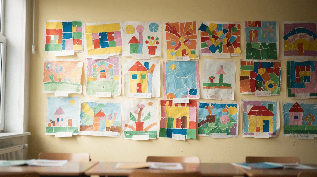 0d6133c0-102c-41f7-8a5b-20de2392d32b The image features a classroom wall adorned with vibrant torn paper collage projects created by children, showcasing a variety of colors and designs made from construction paper and magazine scraps. These artistic masterpieces highlight the students' creativity and fine motor skills as they explore the fun process of torn paper art.