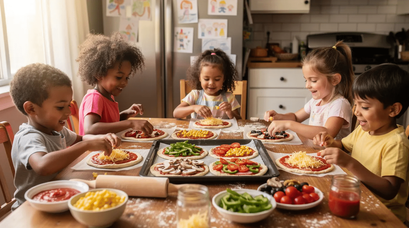0efb2ce3-be4a-43d1-9b1b-659af16744ba Children are gathered around a kitchen table, joyfully adding their favorite toppings to small homemade pizzas made from dough circles. The scene showcases a variety of colorful ingredients, including pizza sauce, shredded mozzarella cheese, and bell peppers, as they create their own mini pizzas for a fun pizza night.
