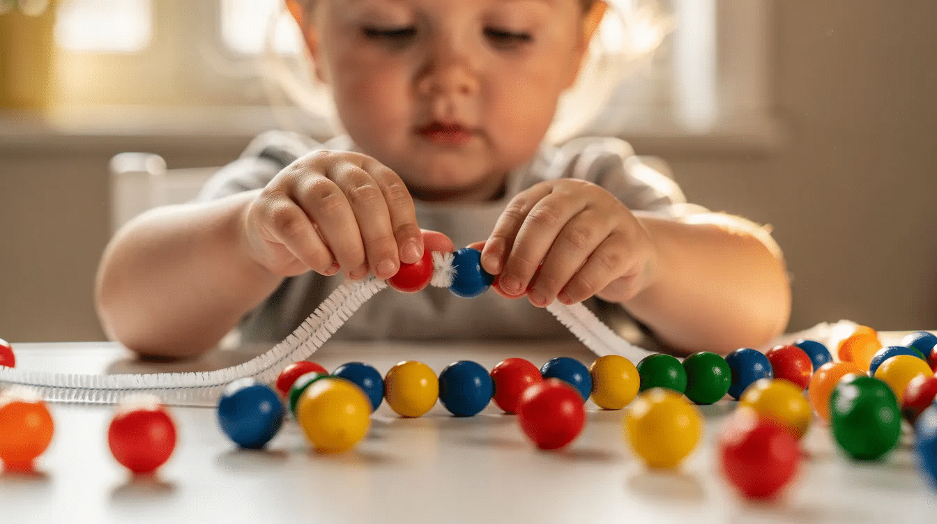 0fb88339-ad36-4251-89ae-247181d2e679 A young child is engaged in a hands-on learning activity, threading large, colorful beads onto a pipe cleaner, which helps develop their fine motor skills. This fun way of playing also encourages number recognition and counting as they sort the beads by color and count the total number strung.