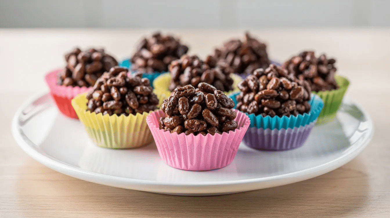 123d6f8b-3dee-4067-a37b-1ad1ae415ccd The image shows small chocolate rice crispy cakes, made with melted chocolate and rice krispies, neatly arranged in colorful cupcake cases on a serving plate. These sweet treats are perfect for any occasion, showcasing a delightful combination of milk chocolate and mini marshmallows.