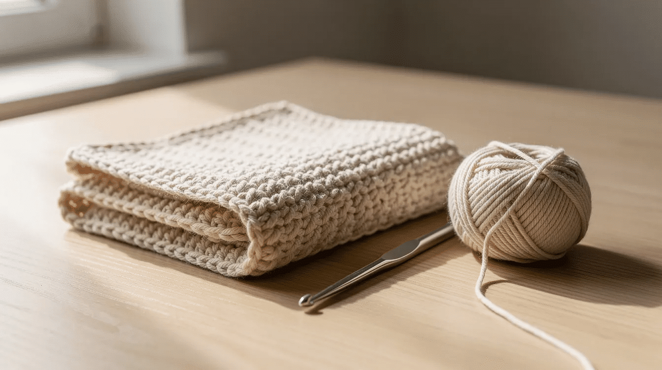 12cda5fc-4fca-443d-b1ba-87fc1119008b The image features a cotton crochet dishcloth laid beside a crochet hook and a small ball of cotton yarn, illustrating a beginner-friendly project for creating easy crochet dishcloths. This setup highlights essential tools for crafting with basic crochet stitches, perfect for those looking to follow a free crochet pattern.