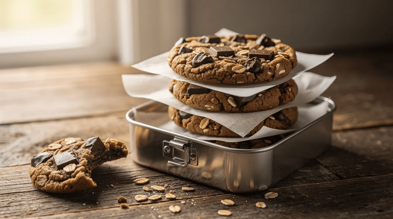 138b0a9d-50a6-466a-bee4-c046f9a02019 A small lunchbox contains stacks of chewy chocolate oat cookies, each separated by parchment paper to maintain freshness. The cookies are rich in deep chocolate flavor, made with ingredients like quick cooking oats, cocoa powder, and creamy peanut butter, making them a delicious treat for any sweet tooth.