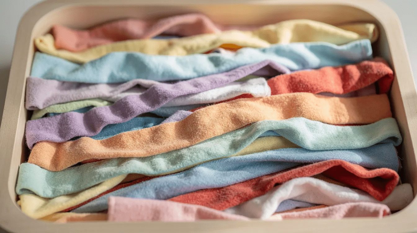 152b2880-68d7-434e-a8b7-70cac9fd61c8 The image features colorful strips of soft cotton fabric, arranged in a shallow sensory bin, showcasing various bright colors and patterns. This creative project could utilize old t-shirts and fabric scraps, providing a wonderful way for kids to explore textures and colors while engaging in fun craft activities.
