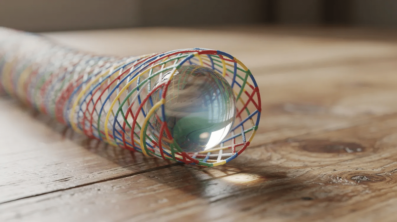15430b22-13f4-41df-8e6d-fb0b739249e1 A small marble is nestled inside vibrant, colorful mesh tubing, resting on a wooden table, showcasing a fun and creative DIY fidget toy that can keep hands busy. The bright colors and unique texture make it an engaging sensory experience for kids and a delightful addition to their collection of DIY stress toys.