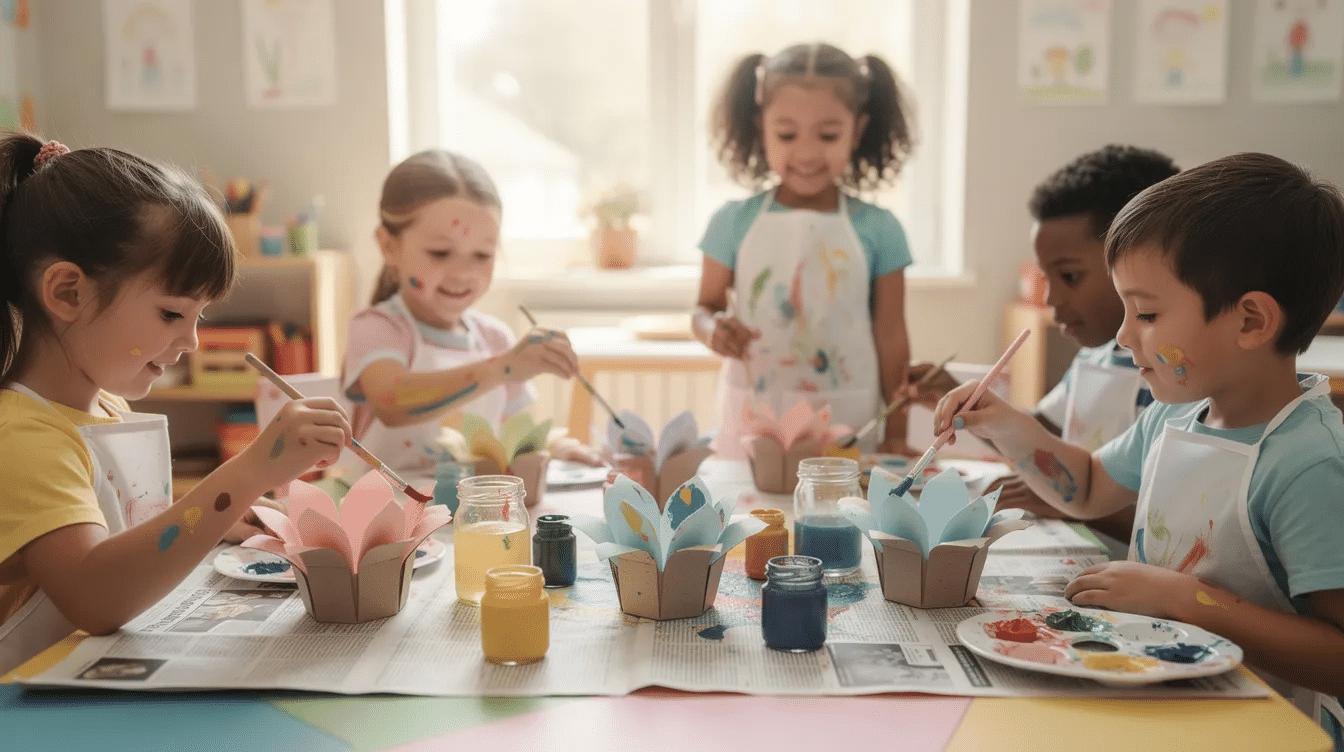 18493fd4-298e-40f5-9e6d-9ac623394477 A group of children is joyfully painting recycled cardboard egg carton cups at a craft table, creating colorful egg carton flowers. The scene captures their creativity as they use paint and craft glue to transform simple materials into adorable floral designs.