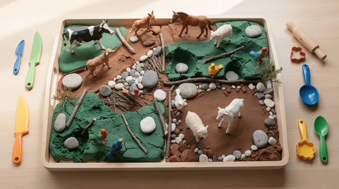 1851f750-0a16-4673-83a8-c06e6e4087bb The image depicts a sensory play tray filled with green and brown homemade playdough, accompanied by toy animals, small stones, and various tools, inviting imaginative play for kids. The vibrant colors of the play dough create a visually stimulating environment perfect for sensory exploration.