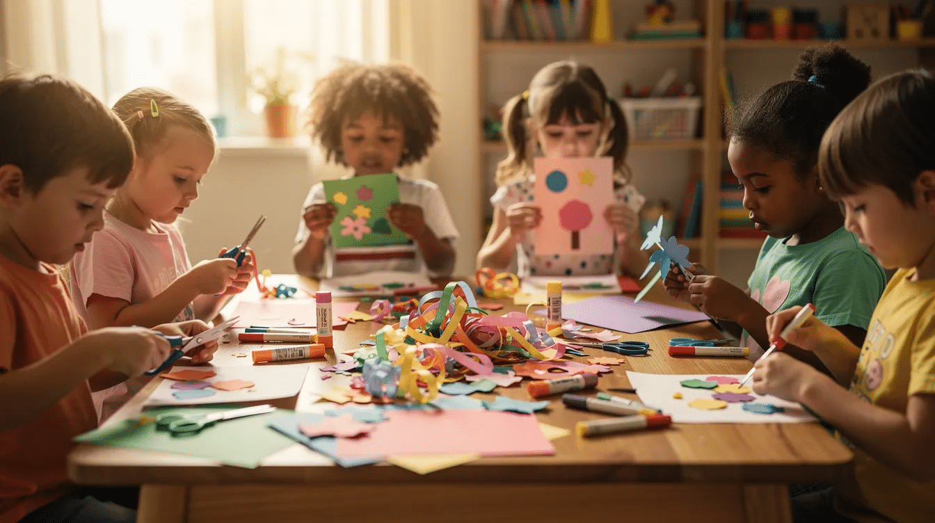 192a0bdd-6ae3-4487-802b-9111c816b34a Children are gathered around a table, joyfully crafting with colorful paper scraps, ribbons, and glue to create unique greeting cards and decorations. This fun activity showcases eco-friendly ways to repurpose old greeting cards and transform them into super cute crafts for various occasions like birthdays and holidays.