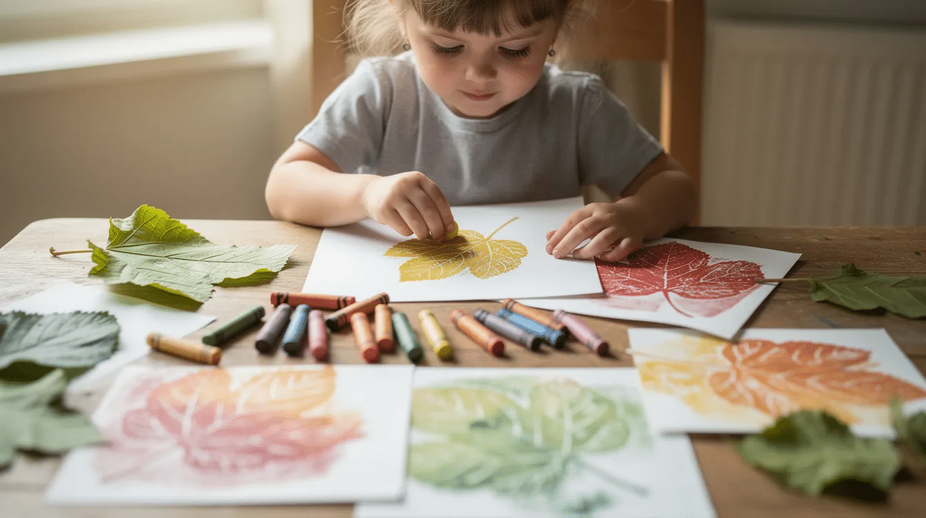 19928fa4-25ca-48ac-b264-c2d644ebb3d7 A child is happily creating colorful leaf rubbings at a table, surrounded by fresh leaves and crayons, showcasing the fun and artistic process of making nature-inspired art. The vibrant colors and textures of the leaf shapes are being transferred onto blank paper, encouraging creativity and exploration in this engaging craft activity.