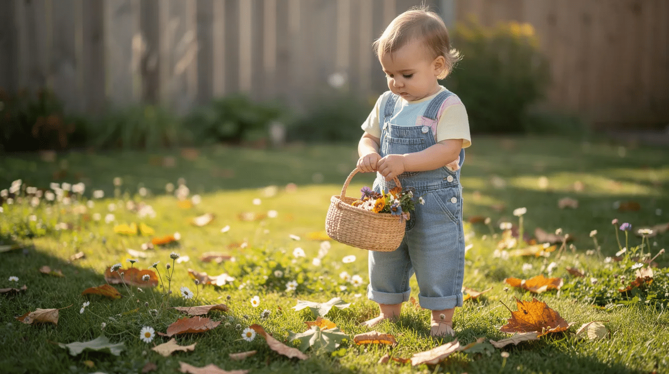 1c329533-0f72-465d-b52d-eddc0fc2a614 A toddler is joyfully exploring a sunny backyard, holding a small basket filled with various leaves and flowers, embodying the spirit of a nature scavenger hunt. This delightful scene encourages young kids to engage with the outdoors, fostering their creativity and observation skills while they search for natural treasures.