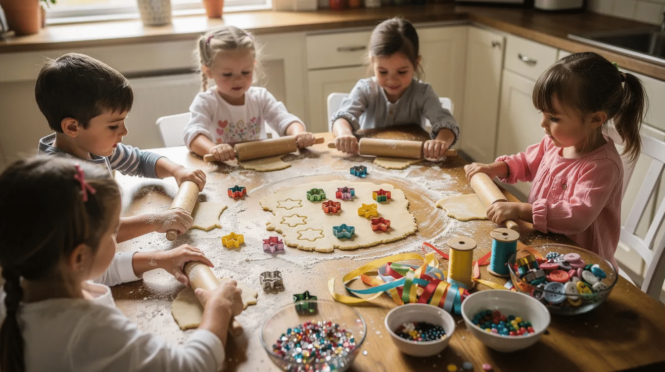1c375d13-7935-469f-a6f5-b690de030f2f A group of kids are joyfully rolling pale salt dough on a kitchen table, surrounded by cookie cutters, ribbons, and small bowls filled with craft supplies, as they prepare to make homemade salt dough ornaments. The scene captures the fun and creativity of crafting together, with a rolling pin and parchment paper visible in the background.