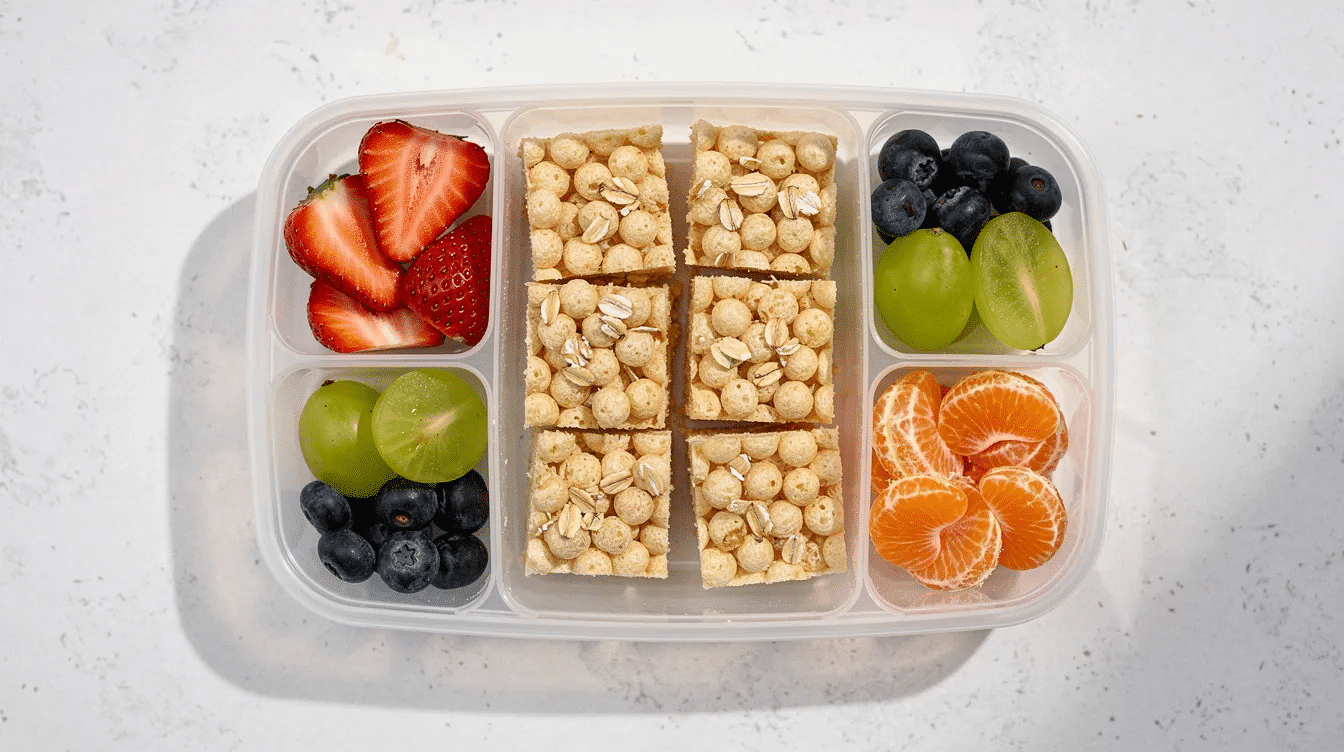 1e571092-be50-416a-b1ed-4e3230483fa6 The image shows a colorful lunch container filled with small, homemade rice krispie treats packed with various fruits, offering a chewy texture and a delicious nutty flavor. These treats, made with rice krispies cereal and mini marshmallows, are perfect for kids and easy to prepare.