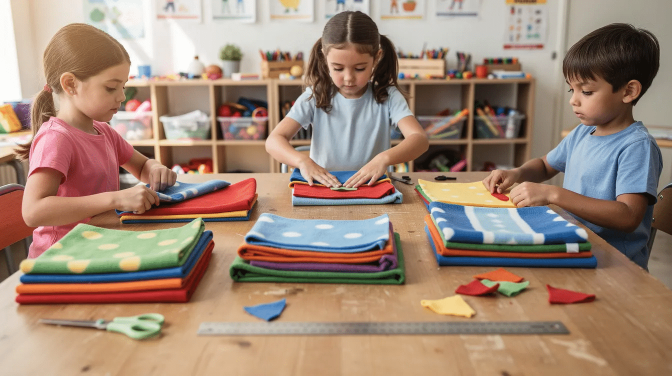 1f5f4946-6baf-41b9-9a64-1a5a295d826b A group of kids is happily arranging colorful fleece fabric on a large table, with scissors and a ruler placed nearby, ready to create their own no sew fleece blankets. The vibrant fabric pieces are laid out, showcasing a variety of colors and patterns, perfect for making a cozy and warm child's blanket.