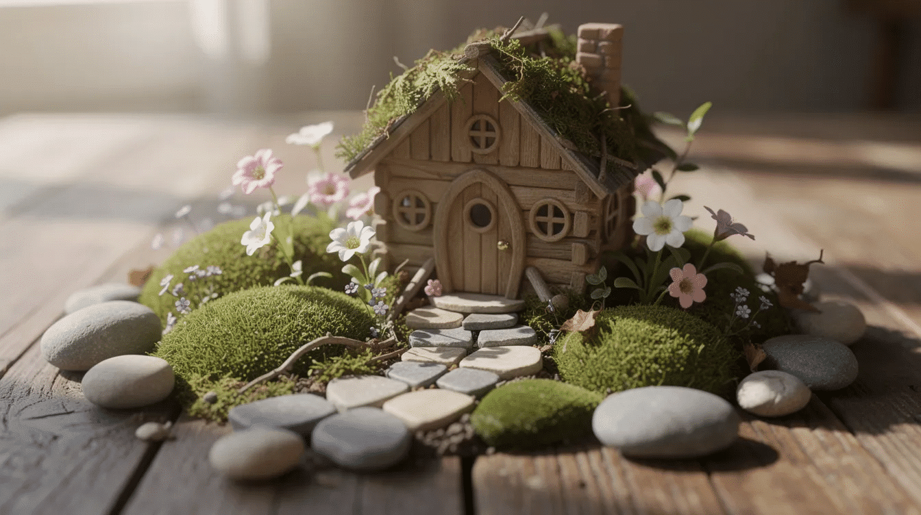 1f6aeb5b-2bdf-462c-b7c1-8c1ed21388e7 The image depicts a charming mini fairy garden featuring a tiny wooden house made from popsicle sticks, surrounded by soft moss, colorful pebbles, and delicate small flowers, creating a whimsical scene perfect for imaginative play. This delightful craft encourages creativity and fine motor skills in children as they explore building their own fairy house.