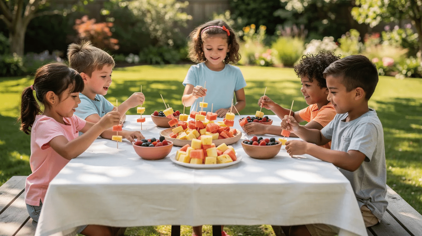 214c1bfb-6f84-42bd-a10e-aede4641b781 A group of children are joyfully assembling colorful fruit kabobs on an outdoor table, surrounded by bowls filled with fresh berries, melon, and pineapple. The scene captures the fun of creating homemade fruit skewers, featuring a variety of healthy treats like strawberries, green grapes, and watermelon.