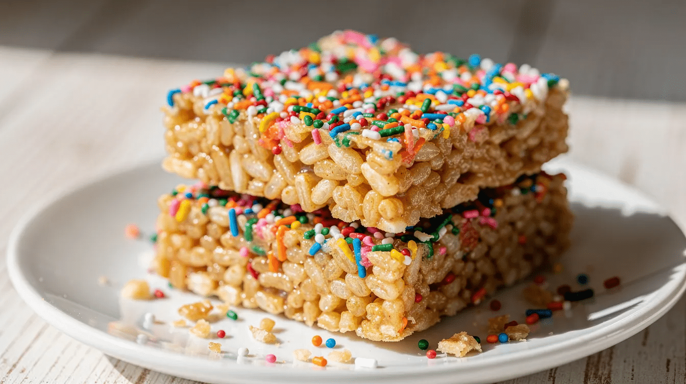 2340286a-c900-43ce-9382-0a638744f73d The image shows a plate of square rice krispie treats, adorned with colorful sprinkles, highlighting their chewy texture and sweet flavor. These homemade rice krispie treats are perfect for kids and are a delightful snack option.