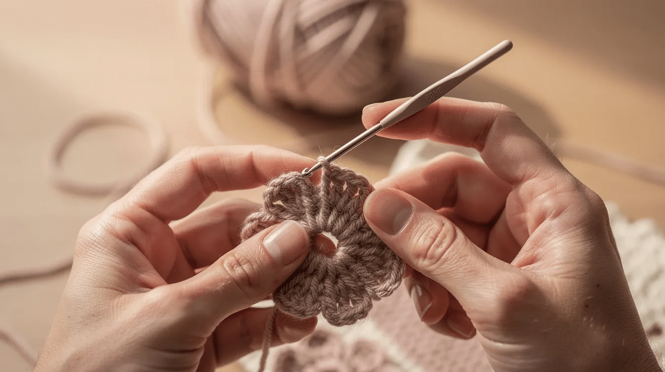 23f628d6-106b-4383-ac72-deb4585d3ade The image shows hands skillfully crocheting a simple and easy flower with six petals using a crochet hook and colorful yarn. The process includes techniques such as creating a magic ring and using slip stitches to form the flower's shape, making it an ideal project for beginners.