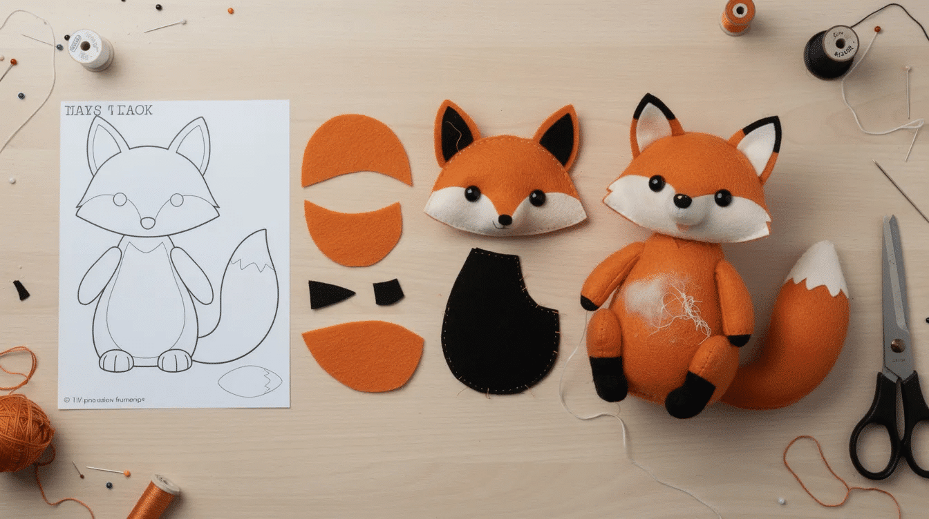 24ce94ff-e23b-4601-b753-45a66678b4eb The image shows a step-by-step progression of creating an adorable felt fox, starting with the pattern pieces arranged from a paper template and ending with the completed stuffed animal, showcasing the use of hot glue and felt scraps. This fun project is perfect for kids who love creating their own designs and crafting cute felt animals.