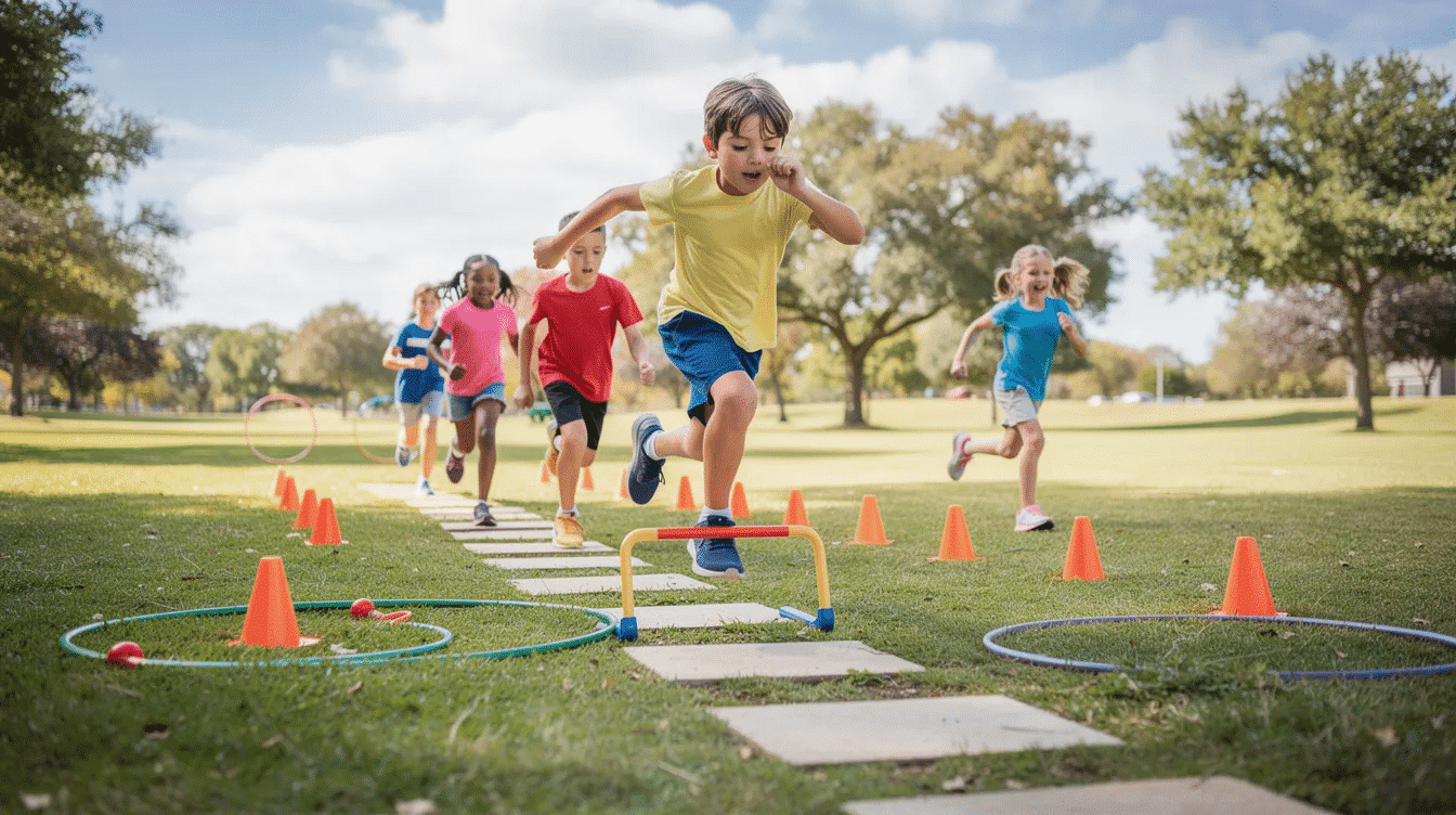 24d60ba5-6b16-431c-9ed7-38e865dbb8eb A group of young kids joyfully runs through a simple outdoor obstacle course, navigating cones and hurdles in a local park. This engaging screen-free activity allows children to exercise and have fun while exploring their physical abilities.