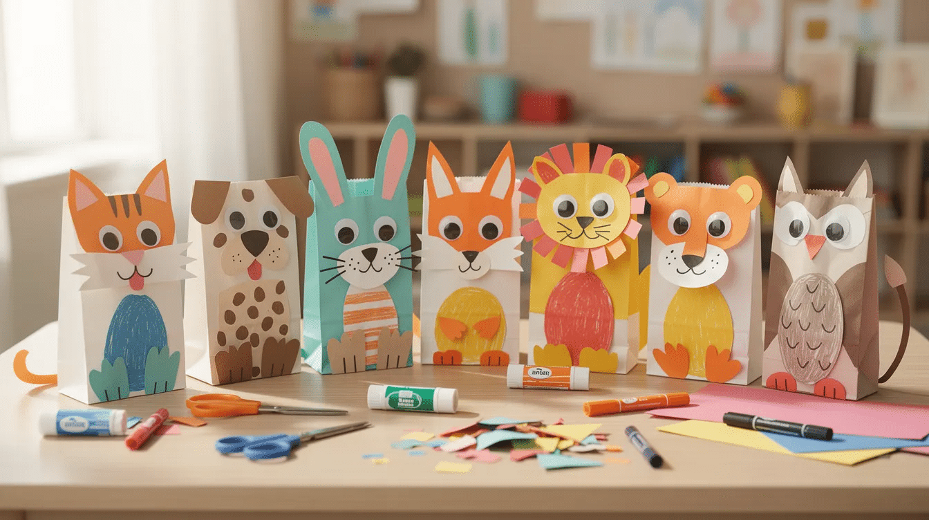254bb0bd-58ac-406b-8110-b32b5dc8071b A collection of colorful animal paper bag puppets, featuring various facial features and playful designs, is arranged on a table, showcasing simple materials like construction paper and googly eyes. These cute puppets inspire creativity and are perfect for pretend play, allowing children to explore their imagination and create fun stories.