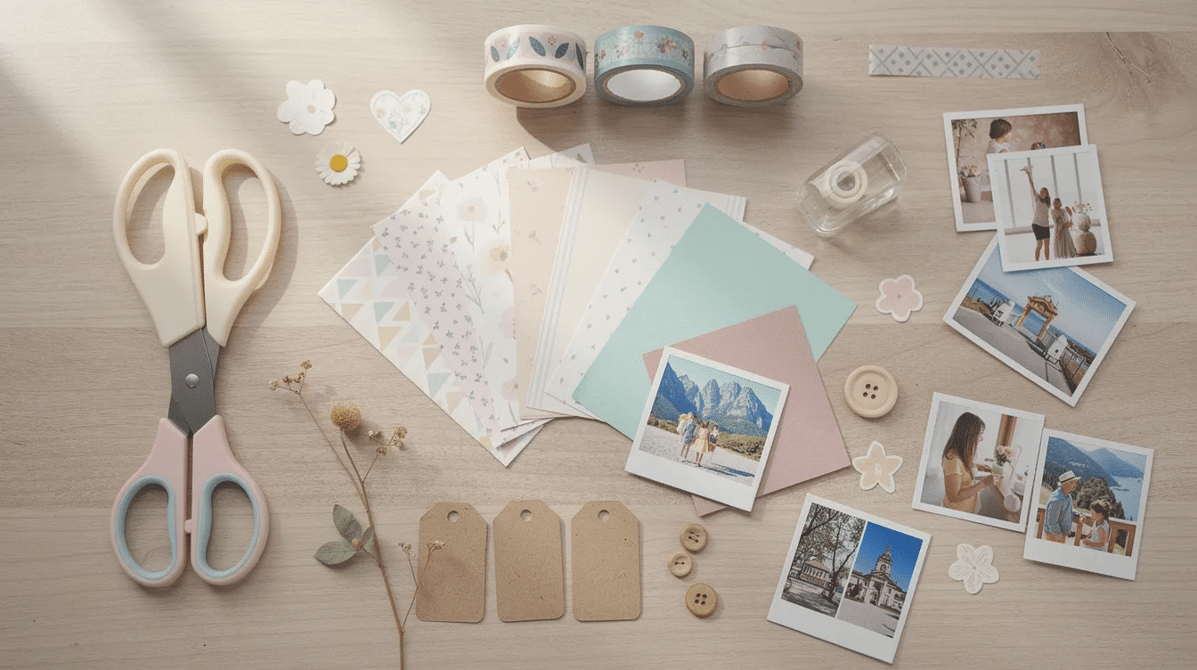 26b3eb06-7390-4188-8ce5-a5a7344d4971 A flat lay image showcases various scrapbook supplies, including scissors, patterned paper, double-sided tape, printed photos, and decorative elements like stickers and washi tape. This collection of materials is perfect for beginners looking to create scrapbook pages and preserve memories in a fun and creative way.