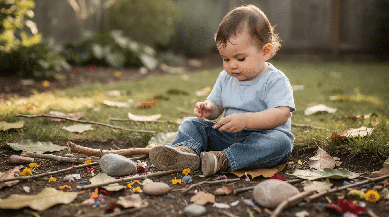 279a0668-158d-469d-80f5-b101c49cf01a A toddler sits outside surrounded by an array of natural materials, including leaves, sticks, flower petals, and smooth rocks, as they explore and enjoy crafting in the great outdoors. This playful scene encourages little ones to use their imagination and fine motor skills while engaging with nature.