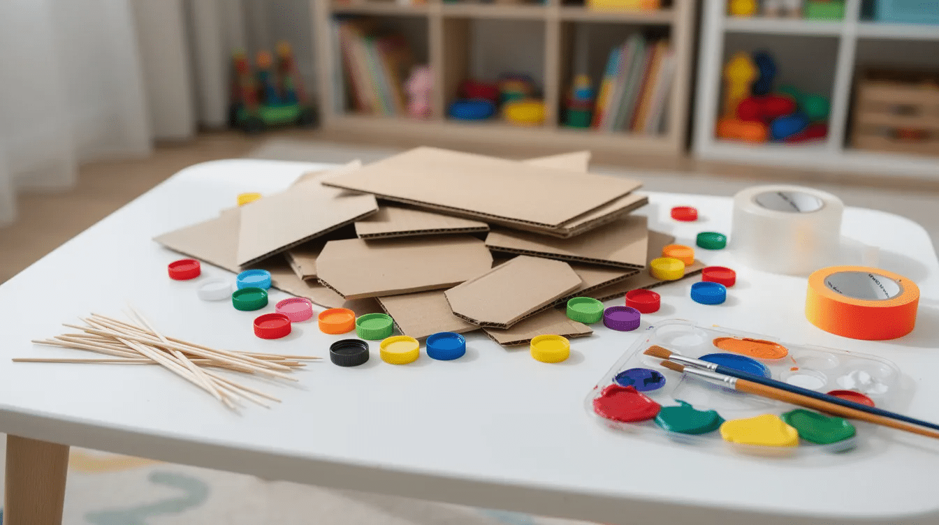 284aacf6-5d18-4708-b475-fa20c85bcba7 A vibrant child-friendly craft table is filled with materials to create cardboard box cars, including cardboard, bottle caps for wheels, skewers, colorful paint, and tape. Scissors and markers are also present, inviting kids to design and decorate their own toy cars while engaging in a fun and creative project.