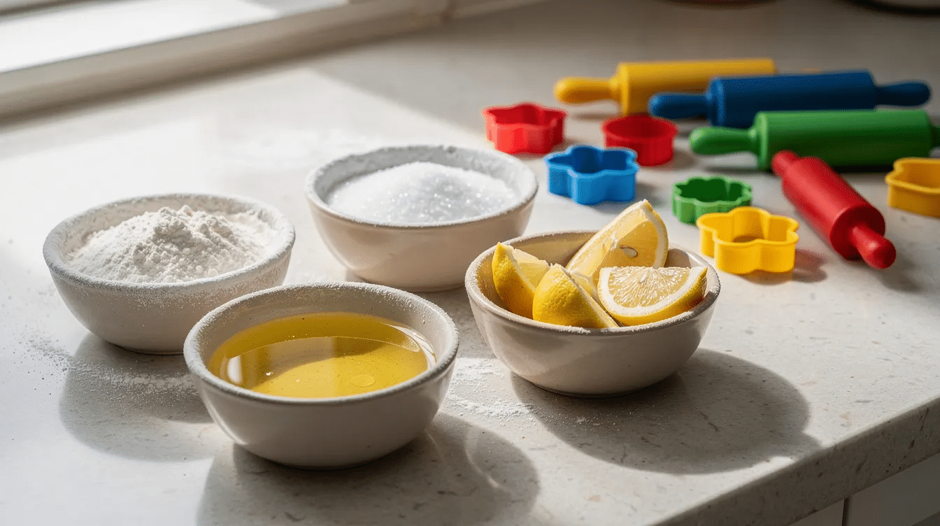 29654f9d-d585-45d0-9c50-5e88c4f4d759 The image shows a kitchen counter adorned with bowls containing flour, salt, and oil, alongside fresh lemons and vibrant dough tools, all set for making homemade playdough. The scene captures the essence of a fun and creative play dough recipe, perfect for imaginative play with kids.
