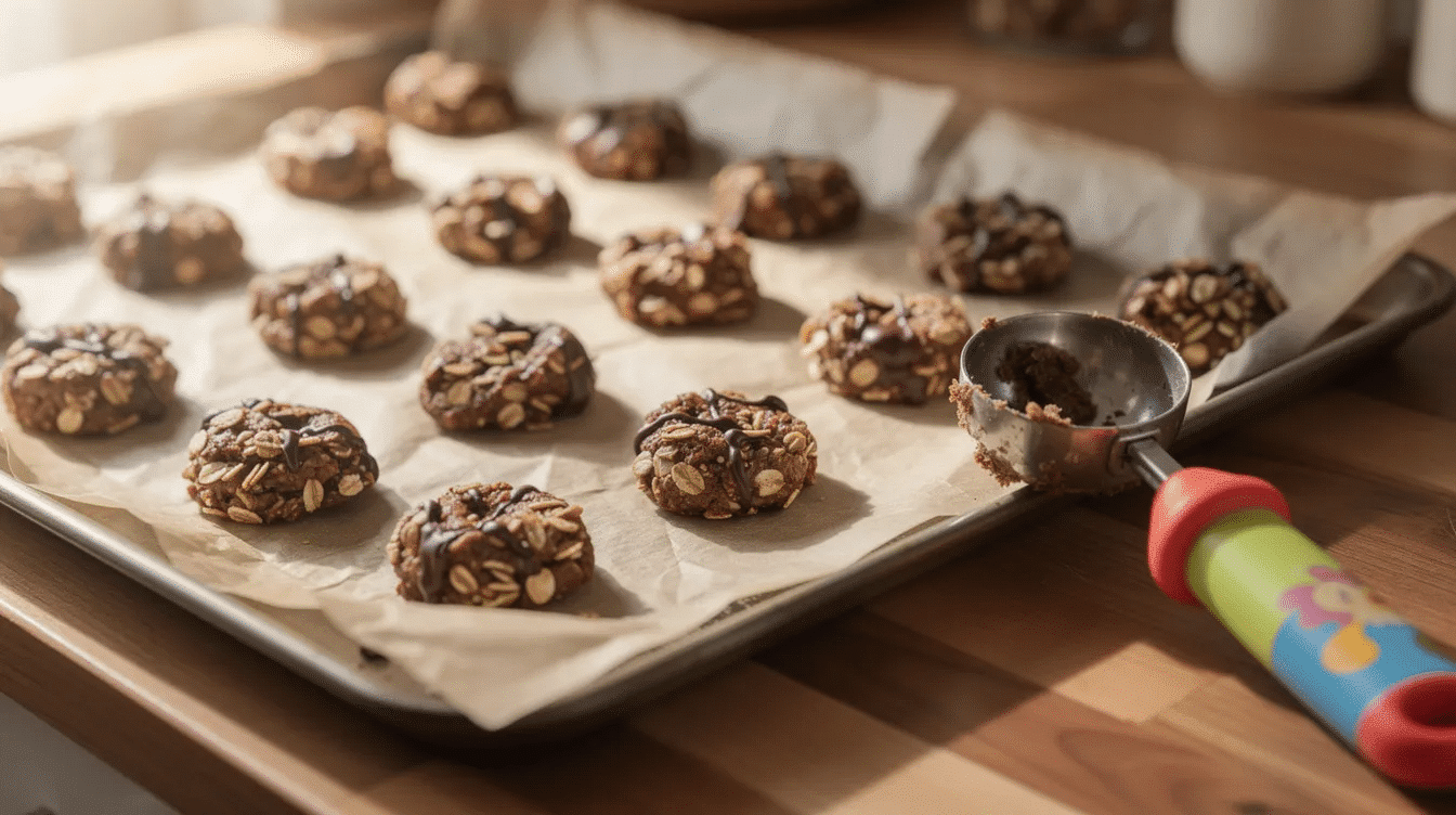 2a6675dd-aac2-4b80-bbf4-2f06d2888ce1 A tray of small, chewy chocolate oat cookies sits cooling on parchment paper, with a child-safe scoop placed nearby, ready for serving. The cookies are rich in deep chocolate flavor, made with quick cooking oats and a blend of cocoa powder and peanut butter for a delicious treat.