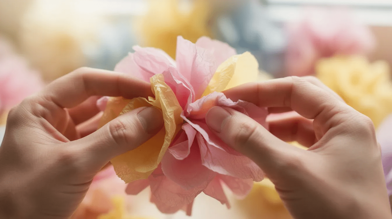 2ba58b46-8eda-4a46-8510-95319c9d994b A close-up image shows hands fluffing the colorful petals of pink and yellow tissue paper flowers, highlighting the vibrant layers and textures of the tissue paper. This simple flower craft captures the joy of creating beautiful decorations for special occasions or fun projects with kids.