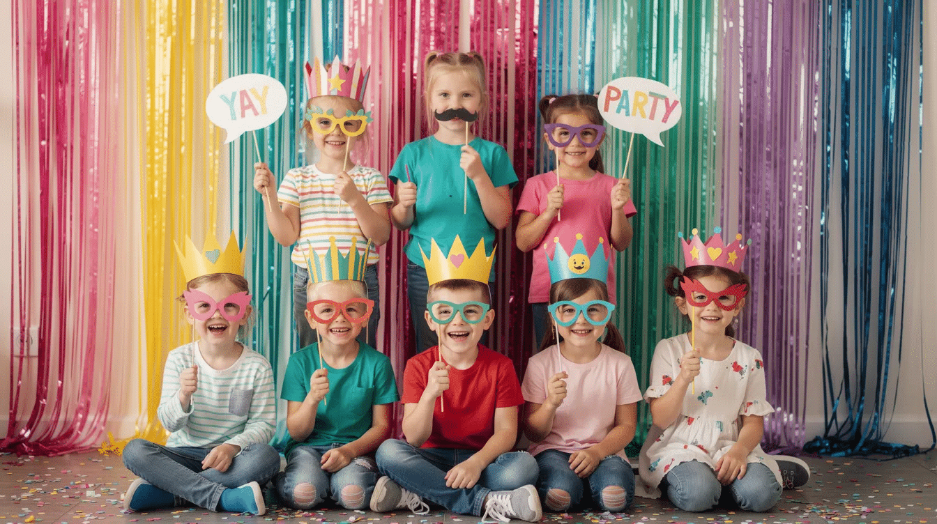 2c68268a-f4f6-4367-b570-8f0229436d3c A group of children is joyfully posing with colorful DIY photo booth props, such as hats and sunglasses, in front of a vibrant streamer backdrop, capturing fun moments during a birthday party. The scene is lively and festive, showcasing the creativity and excitement of the kids' party.