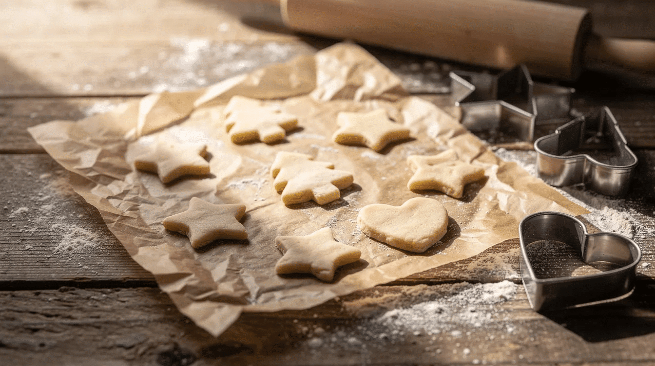2e891a4c-9b8a-449d-b5aa-3d6079c74873 The image shows small salt dough shapes on a sheet of parchment paper, with star, tree, and heart cookie cutters placed nearby, ready for making homemade salt dough ornaments. This fun craft activity is perfect for kids and families looking to create unique decorations together.