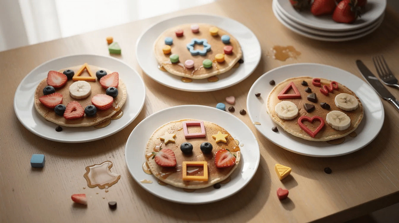 2fe2d191-6292-44f4-a2b7-8cf9e1d5d311 The image features kid-made pancakes arranged on plates, showcasing colorful simple shapes like smiley faces and hearts, created using pancake art techniques with gel food coloring. These delightful pancakes are a fun breakfast idea that encourages creativity and imagination in young pancake artists.