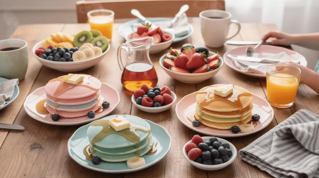 30ac0a92-3e3c-4ea1-8ef7-659797823439 A vibrant family breakfast table is set with colorful pancakes shaped like simple designs, surrounded by fresh fruit, syrup, and whipped cream. The pancakes, made from a fun pancake art recipe, showcase the creativity of a pancake artist using gel food coloring and squeeze bottles to create delightful shapes for kids to enjoy.