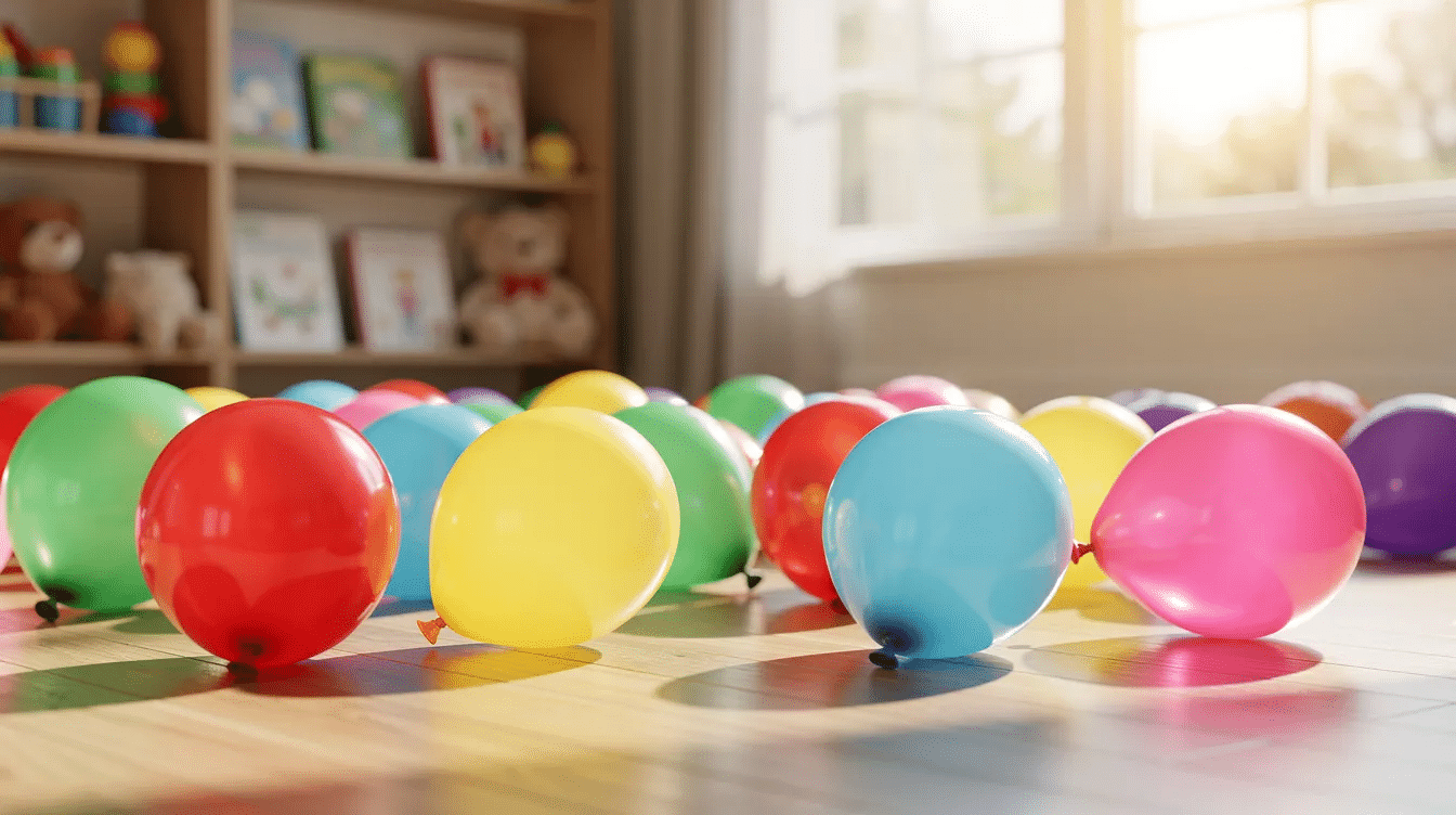 33534007-f5af-49b5-8eef-5f79a80f3df8 A vibrant playroom floor is scattered with air-filled balloons in various colors, creating a fun and festive atmosphere perfect for a birthday party or celebration. The balloons add a visually pleasing touch, making it an ideal space for special moments and joyful gatherings.