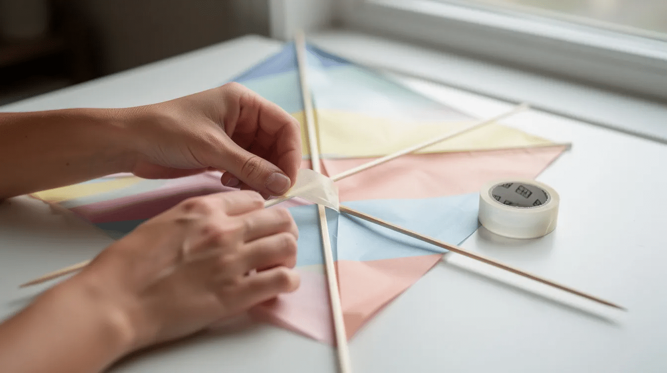 34a7e023-d815-4b3e-95cd-6faebadd2484 Two hands are applying sticky tape to secure wooden skewers onto the back of a colorful paper diamond kite, which is part of a fun craft project. The kite's shape is being reinforced to prepare it for flying in the wind, and the scene captures the creativity involved in making a simple paper kite.