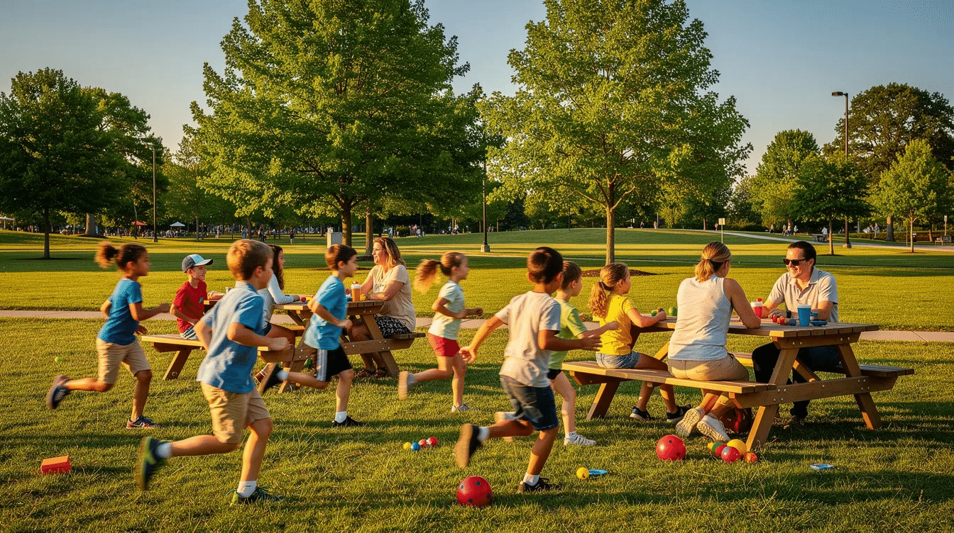 34dd94a6-402b-4877-8c65-09d676889988 A group of kids joyfully run and play near picnic tables in a local park, enjoying their time together as they celebrate a child's birthday party. The scene captures the essence of fun and making memories, with colorful decorations and laughter filling the air.