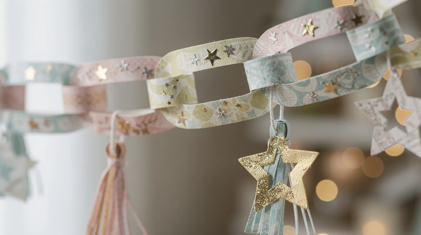 353c2379-5c29-4e9a-8010-b949326e7243 A close-up view of colorful paper chain garland links, featuring decorative tassels and star shapes, ideal for enhancing party decor at birthday celebrations or holidays. The vibrant colors and playful design showcase the fun and creativity involved in crafting this festive decoration.