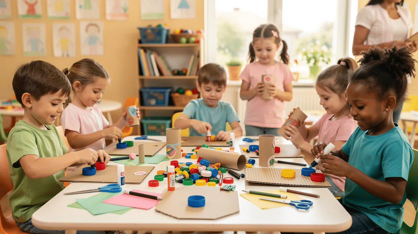 361cc9be-5497-4e26-977e-79028445ac41 In a vibrant classroom, kindergarten children are joyfully engaged in a fun process art activity, creating colorful crafts using recycled materials like cardboard, bottle caps, and paper towel rolls. The table is filled with their imaginative creations, showcasing the excitement of exploring art projects while celebrating Earth Day.