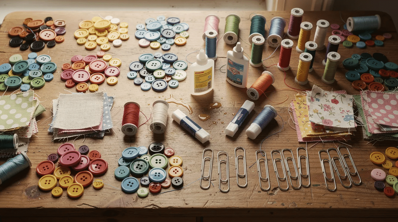 36c750d0-df16-40c2-bb2d-093f02814212 The image features a table overflowing with a variety of colorful buttons, along with thread, fabric scraps, paper clips, and craft glue, showcasing the perfect supplies for engaging button crafts and creative DIY projects. This vibrant display invites you to explore endless possibilities for crafting unique items like button bookmarks or wall art.