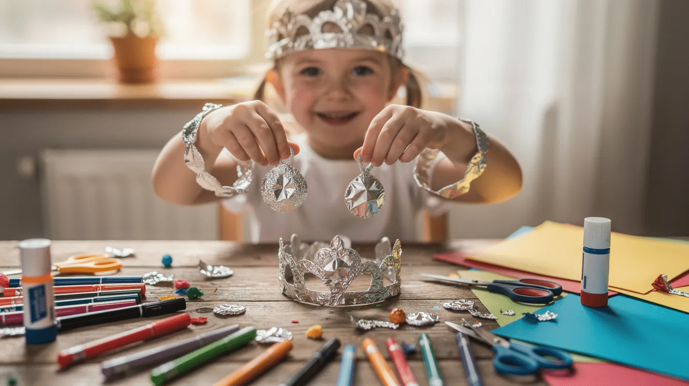 39e35132-8083-4f00-ba78-2b6e414128ab A child is proudly holding a collection of shiny handmade foil bracelets, pendants, and crowns, all crafted from tin foil and displayed on a colorful craft table. The vibrant pieces showcase the creativity and fine motor skills developed through fun art projects, with glitter glue and acrylic paint adding sparkle to the shiny aluminum foil creations.
