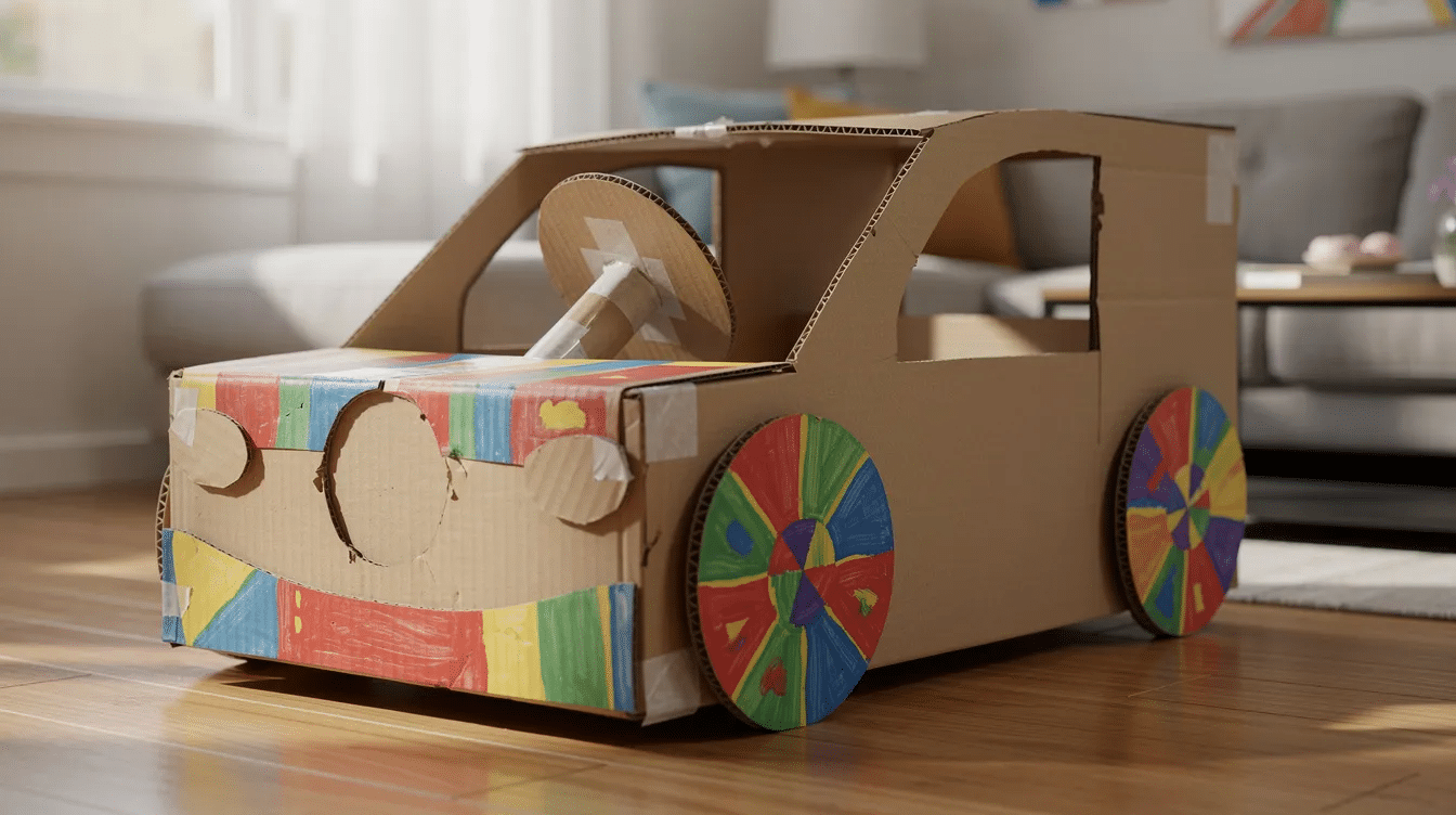 3abc50d3-3997-478b-99b7-e589a48f02af The image features a large cardboard box car designed for kids, complete with decorative wheels and a simple steering wheel. This playful cardboard car is perfect for imaginative play, encouraging creativity and fun as children can decorate it with paint and markers.